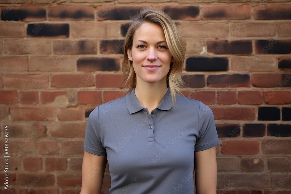 Portrait of a content woman in her 30s wearing a sporty polo shirt isolated on vintage brick wall Portrait of a content woman in her 30s wearing a sporty polo shirt isolated on vintage brick wall