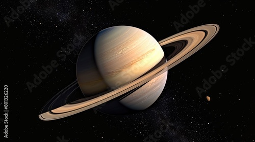 The planet Saturn with rings in outer space among the stardust. World Astronomy Day.