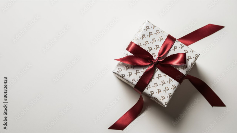 Gift box tied with ribbon on light background.