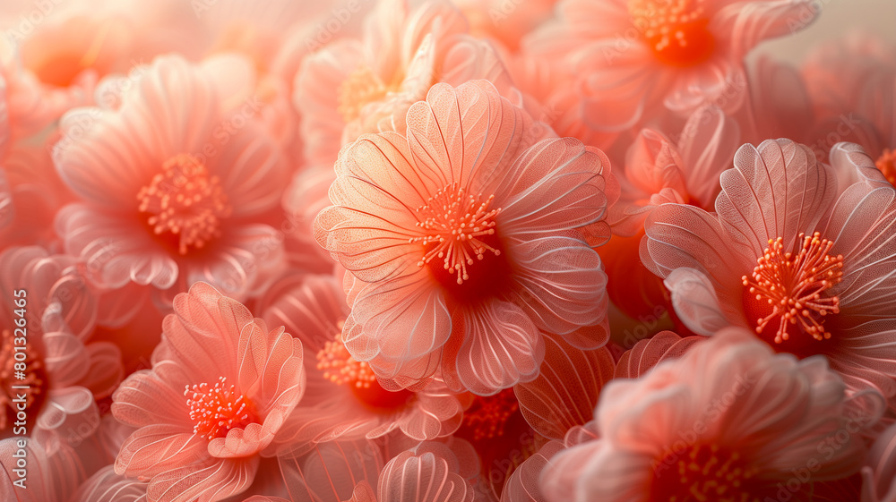 surreal flowers crafted from loofah or fabric by coral color soft pastel orange pink with copy space for text.