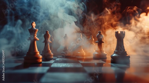 The concept of business ideas, competition, and strategy ideas is based on the board game chess. Chess pieces on a smoke- and fog-filled, dark background. discerning attention
