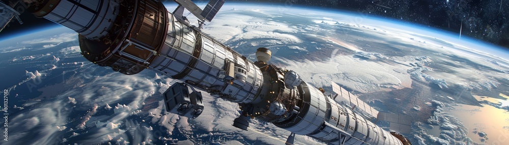 A 3D model of a sustainable space station orbiting Earth, showcasing a future where humanity thrives in space harmony with the home planet A 3D model of a sustainable space station orbiting Earth, showcasing a future where humanity thrives in space harmony with the home planet
