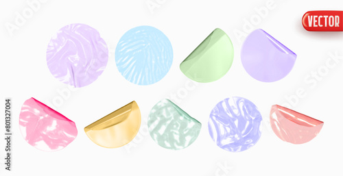 Set of round stickers transparent effect of plastic and polyethylene film. Realistic design round sticker label template isolated background. Collection mockup price tag sale. Vector illustration