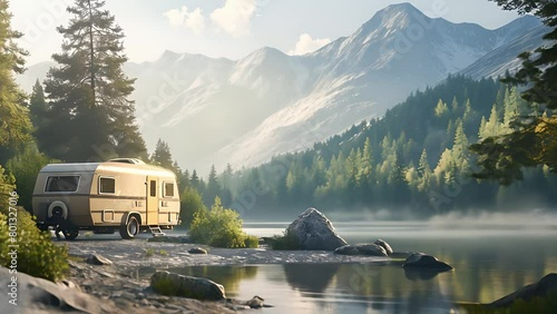 Travel trailer camping in the woods at a campground, Car trailer camping site in nature, forest, lake, mountain, mountain landscape on the background	