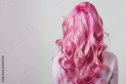 Portrait of a beautiful girl with stunning curly, long, and shiny pink hair, viewed from the rear against a white background. This image emphasizes the meticulous styling and vibrant hue of her eye