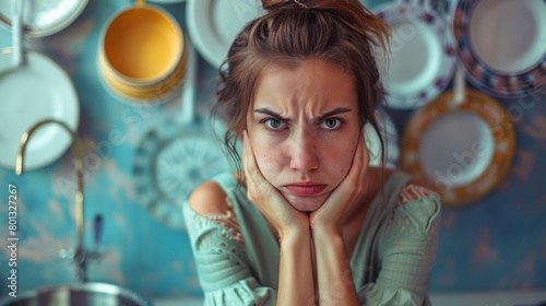 irate and sentimental dishwashing housewife who is depressed and frustrated. close-up portrait with hanging clen plates in the background. A housewife displays a bad mood photo