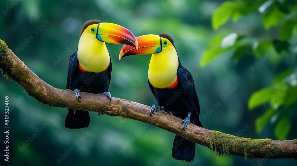 Toucan sitting on the branch in the forest, green vegetation Toucan sitting on the branch in the forest, green vegetation