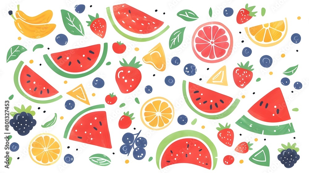 Vibrant Assortment of Summer Fruits in Playful Flat Design Vibrant Assortment of Summer Fruits in Playful Flat Design
