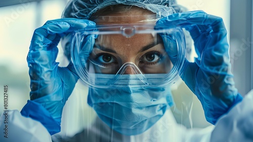 A female lab scientist, doctor, or nurse is seen wearing a clean suit, blue gloves, and protective eyewear in this image of UK front-line medical personnel handling Hospital COVID-19 pandemic crisis photo