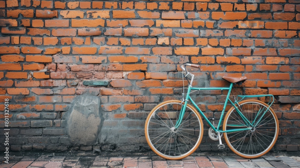 bicycle leaning against brown brick wall with copy space, vintage color tone. world bicycle day background concept. bicycle leaning against brown brick wall with copy space, vintage color tone. world bicycle day background concept.