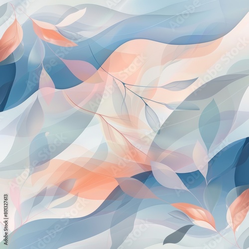 Abstract design of water waves intertwined with leaves, conveying calm and renewal, in pastel colors, smooth flowing lines, minimalist style, digital art 