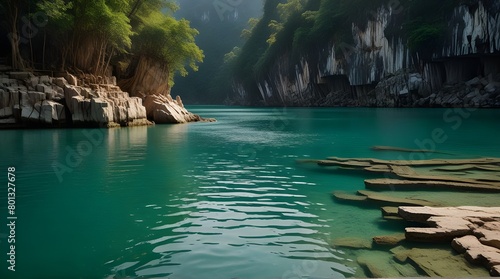 View from the wooden Thai style boat in a dam with emerald water and white big stonds.generative.ai photo