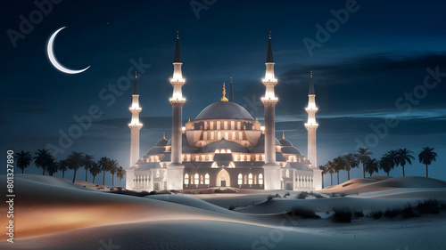 The beautiful serene mosque at night.