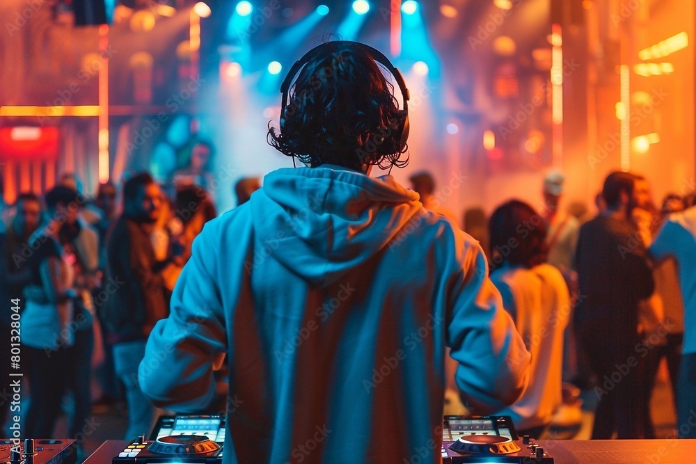 Fototapeta premium DJ playing music at the night club. Rear view of a young man mixing music on a dj's deck.