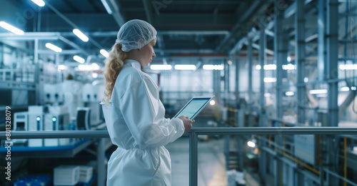 Female Engineer Monitoring Factory Operations on Tablet. A female engineer in a protective suit using a digital tablet to check data in a modern manufacturing plant