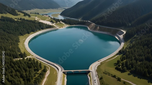 Water dam and reservoir lake aerial panoramic view in French Alps mountains.generative.ai photo