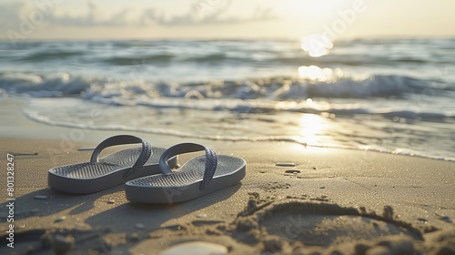 At the beach on a gorgeous sunny day, wearing grey sandals. Sand by the seaside with slippers on. At the oceanside shore, flip-flops photo
