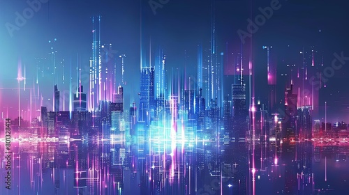 a futuristic cityscape featuring a towering skyscraper, a bustling street, and a bustling river flo photo