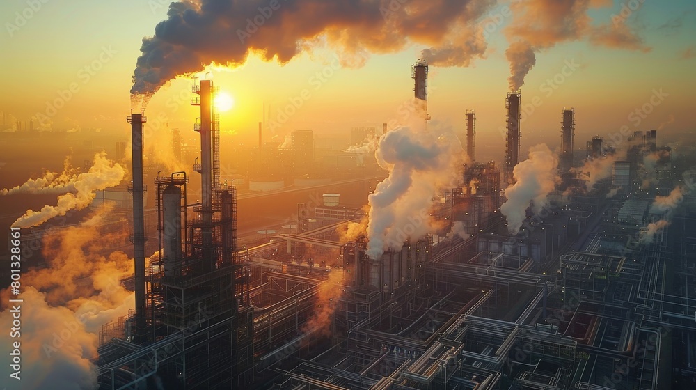 A city with a large industrial area with smoke and a sunset in the background