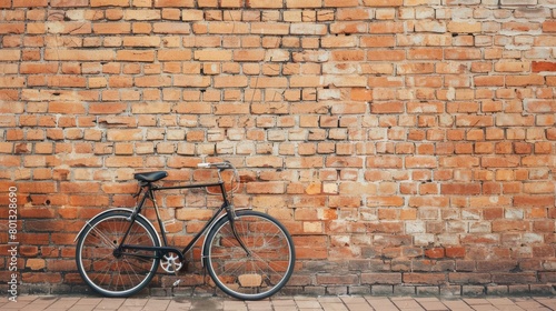 bicycle leaning against brown brick wall with copy space, vintage color tone. world bicycle day background concept.
