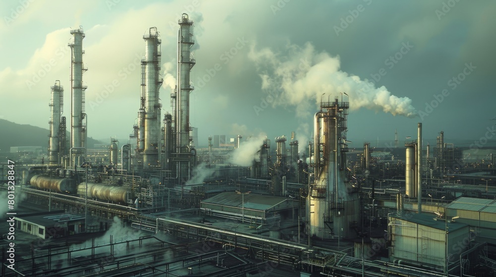 A city with a large industrial area with smoke and a sunset in the background A city with a large industrial area with smoke and a sunset in the background