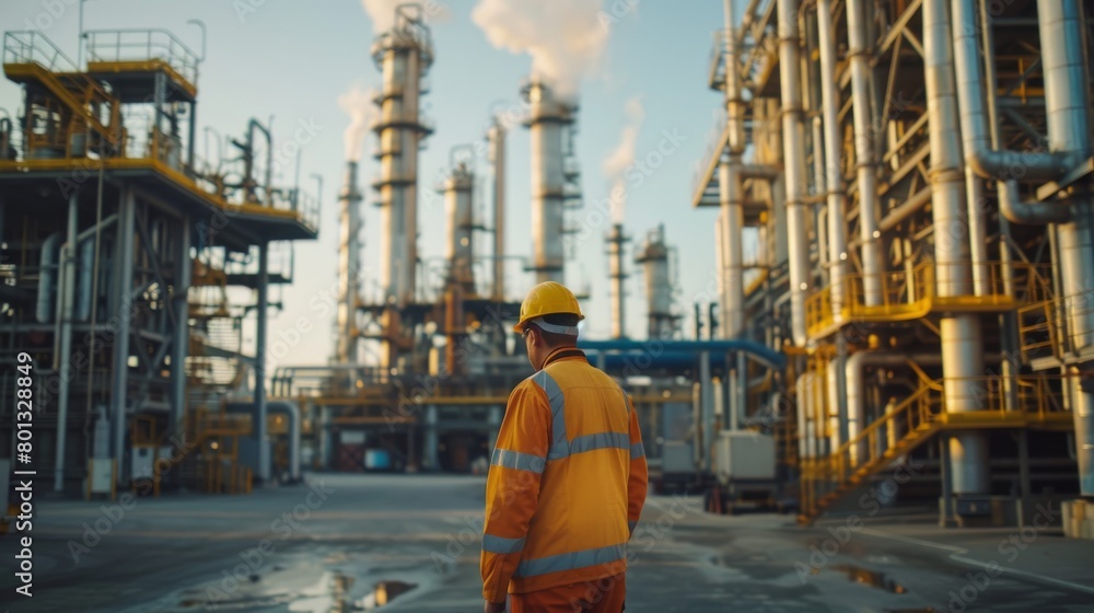 A man in a yellow safety vest stands in front of a large industrial plant A man in a yellow safety vest stands in front of a large industrial plant