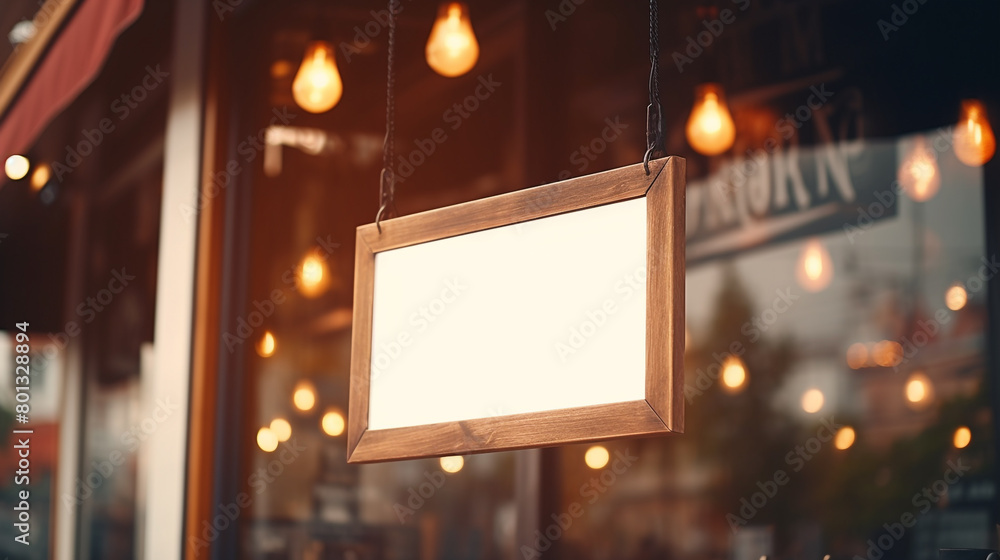 Store hanging sign with blank white poster board stand for mockup Store hanging sign with blank white poster board stand for mockup