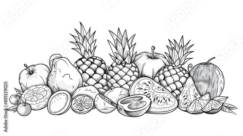 Assortment of Tropical Fruits in Black Line Drawing for Coloring and