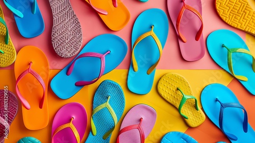 Several colorful flip flops in a colored background, top view photo