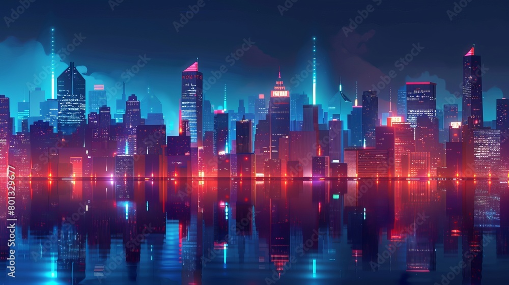 Neon lights and a nighttime cityscape. Vector illustration of a building. Urban concept of nightlife. The city skyline mirrored in the water