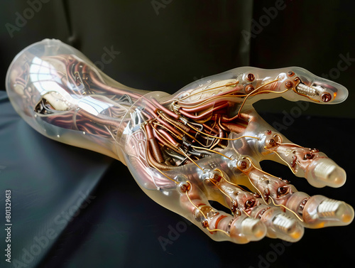 Exposed Circuitry Prosthetic Hand on Dark Surface 