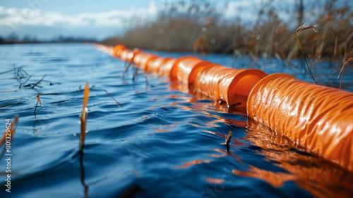 A real photo shot showcasing environmental protection measures, such as containment booms and absorbent barriers, deployed to mitigate the spill's impact on surrounding ecosystems.