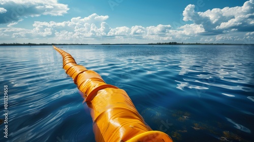 A real photo shot showcasing environmental protection measures, such as containment booms and absorbent barriers, deployed to mitigate the spill's impact on surrounding ecosystems. photo