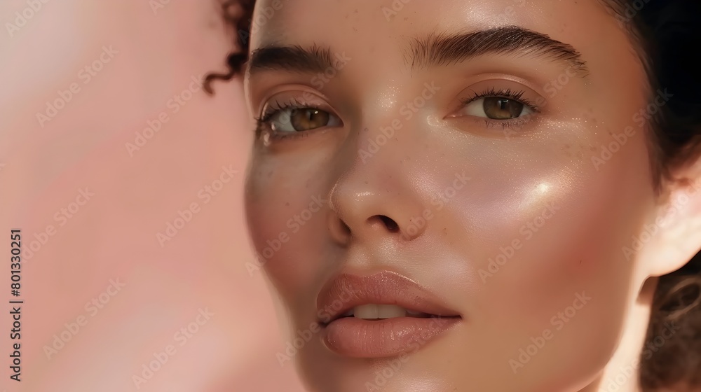 Flawless Feminine Beauty:Radiant Close-Up Portrait of Elegant Woman with Glowing Skin Flawless Feminine Beauty:Radiant Close-Up Portrait of Elegant Woman with Glowing Skin