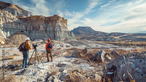 Exploration Phase: A real photo shot depicting geologists conducting surveys and analysis to identify potential oil and gas reserves in natural landscapes.
