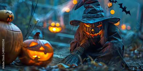 Halloween theme , decorations with jack-o'-lantern . AI generated. 
