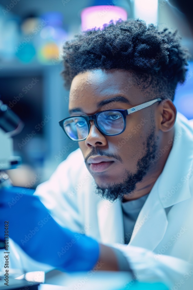Science, medicine, and vaccination, test, and sample research using microscope, black guy, and analytics. African researcher with lab equipment, pathology, or technological cure Science, medicine, and vaccination, test, and sample research using microscope, black guy, and analytics. African researcher with lab equipment, pathology, or technological cure