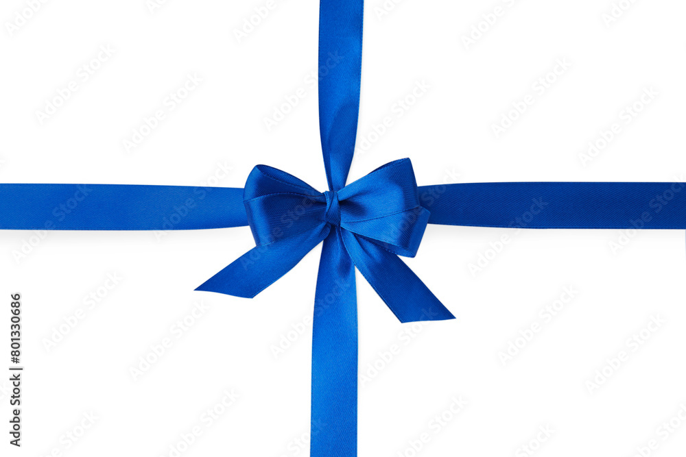 Blue satin ribbon with bow on white background, top view Blue satin ribbon with bow on white background, top view
