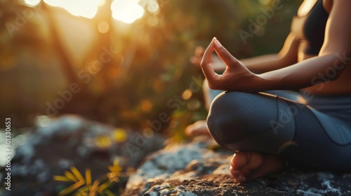 Woman, mudra hands, and beach meditation for mental health, chakra balance, and wellness. Zoom, zen, or peaceful lotus stance yogi, serenity or holistic energy mentality training in nature. photo