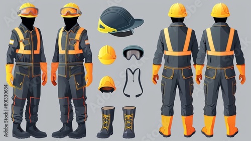 Professional work wear and uniform set, vector isolated illustration. Realistic protective coverall with reflective stripes, t-shirt, boots, safety goggles and yellow helmet. photo