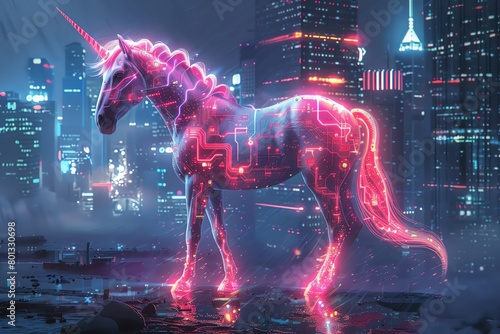 Capture a luminous unicorn, adorned with glowing circuit patterns, investigating a holographic map of a cyberpunk cityscape with a mix of wonder and curiosity photo