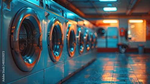 Endless Cycle: Symmetrical Rows of Washers in a Busy Laundry Room photo