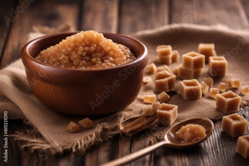 'brown sugar spoon bowl wooden background crystal heap dessert sweet dieting epicure diabetes glucose shape candy healthy transparent sweetening hyperglycemia ingredient cooking food eating' photo