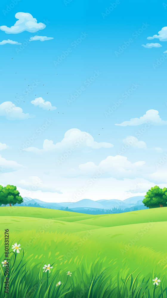Lush green meadow and clear blue sky, idyllic natural minimalist landscape background with open space