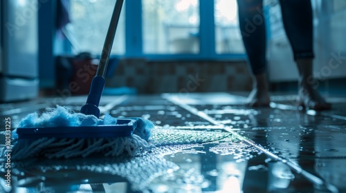 Woman mopping floor and cleaning housekeeping product for microbial hygiene. Employee care zoom, healthcare maid and worker spring clean office building interior photo