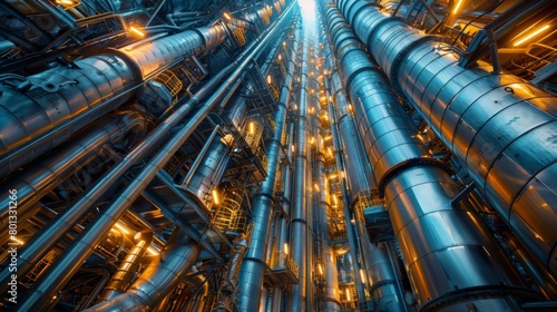 Fractionation Towers: Real photo shot capturing the fractionation process inside towering distillation columns, where crude oil is separated into various components like gasoline, diesel, and jet fuel photo
