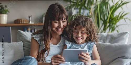 Happy little girl and loving mother sitting together on couch and using digital tablet to watch a movie or do a video call with family. Child sitting with parent watching online content