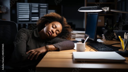 An weary African American contact center agent sleeps in an office. An exhausted, demotivated businesswoman works helpdesk. Lazy consultant napping and ignoring clients. Workplace burnout and stress photo