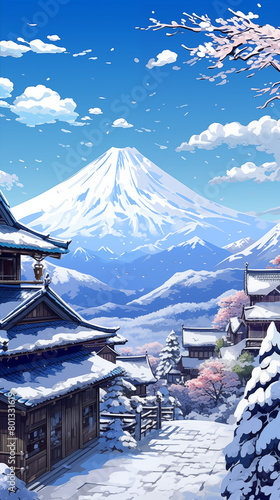 Scenic winter scene with mountain, snow covered cherry blossom village in anime style