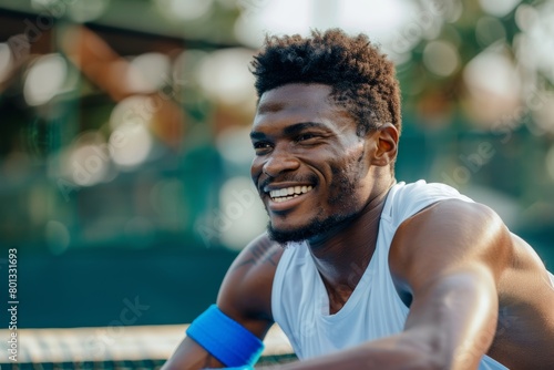 Black man stretching before tennis game smiles and practices wellness, health, and happiness outside. Portrait, African American man, match preparation, fitness, workout © LukaszDesign